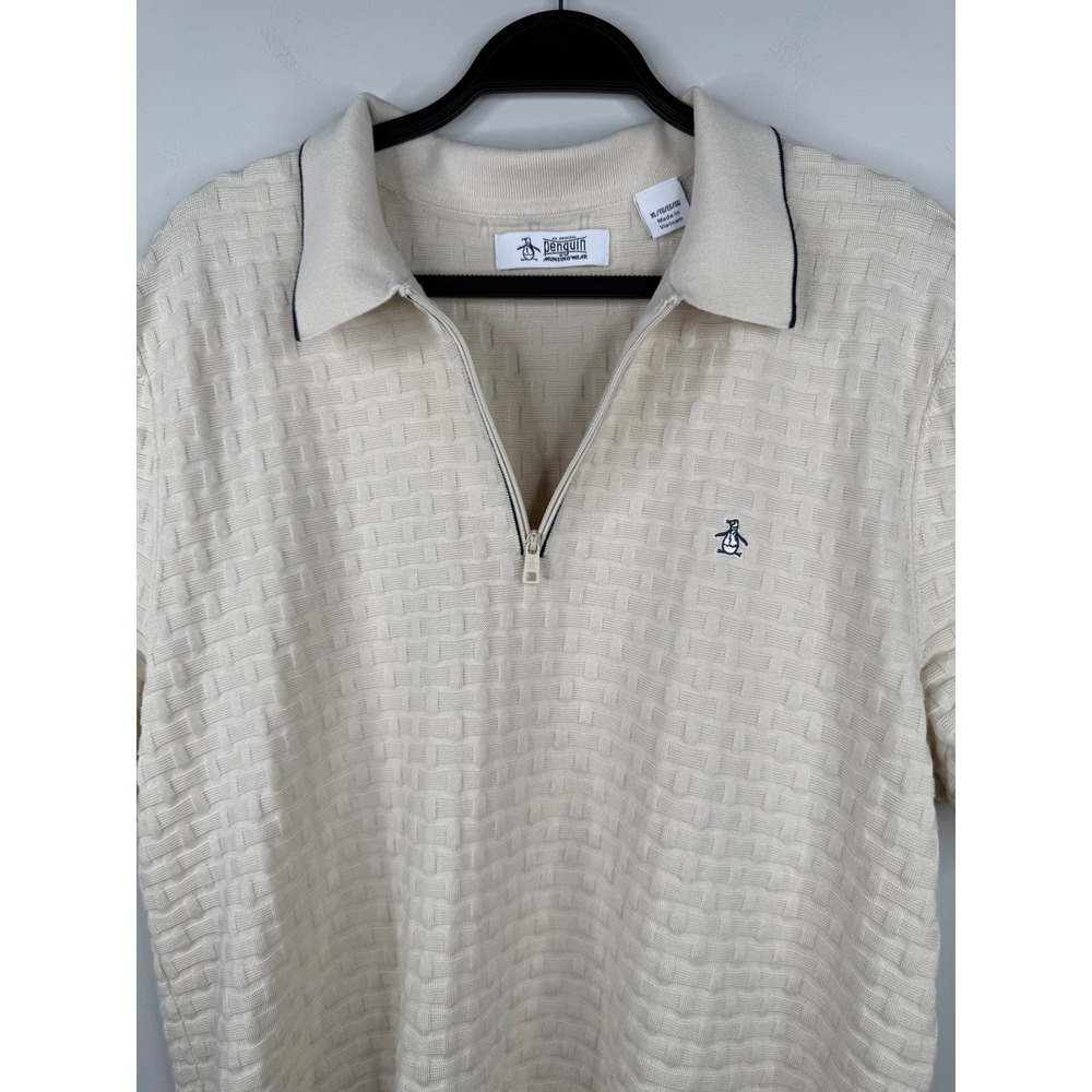 Original Penguin Mens XL Cream Textured Knit Quarter Zip Polo Shirt 100% Cotton